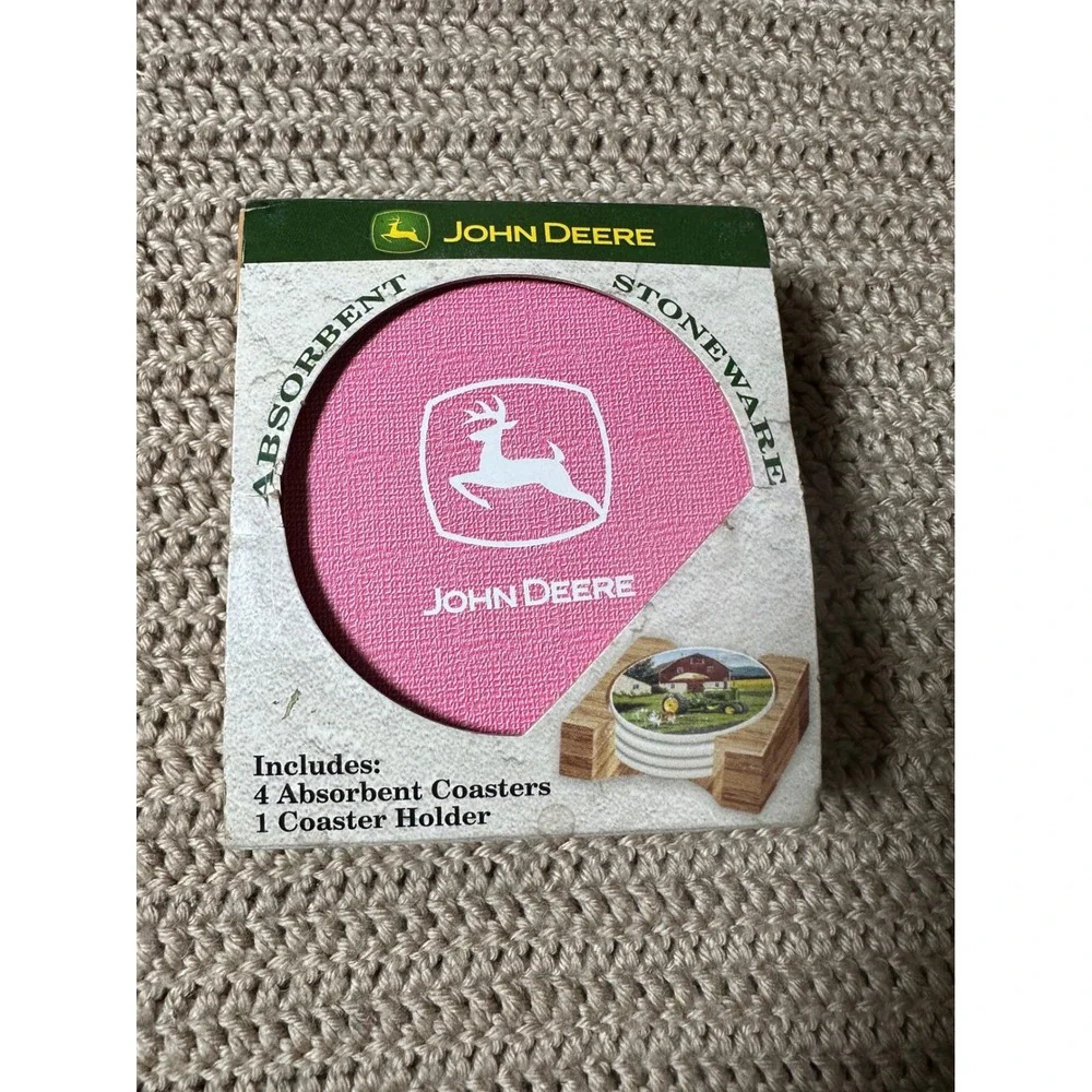 John Deere Pink Absorbent Stoneware Coasters with Wood Holder 5 Piece Set